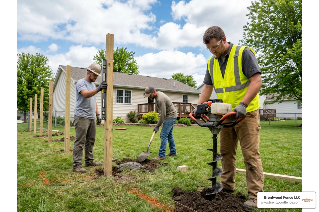 Crew setting structural fence posts with power tools