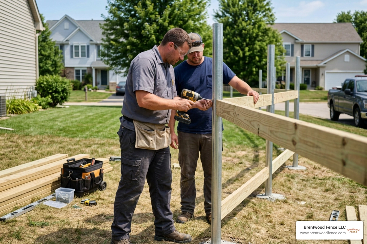 professional fence crew mounting wood rails on steel posts professional fence crew mounting wood rails on steel posts