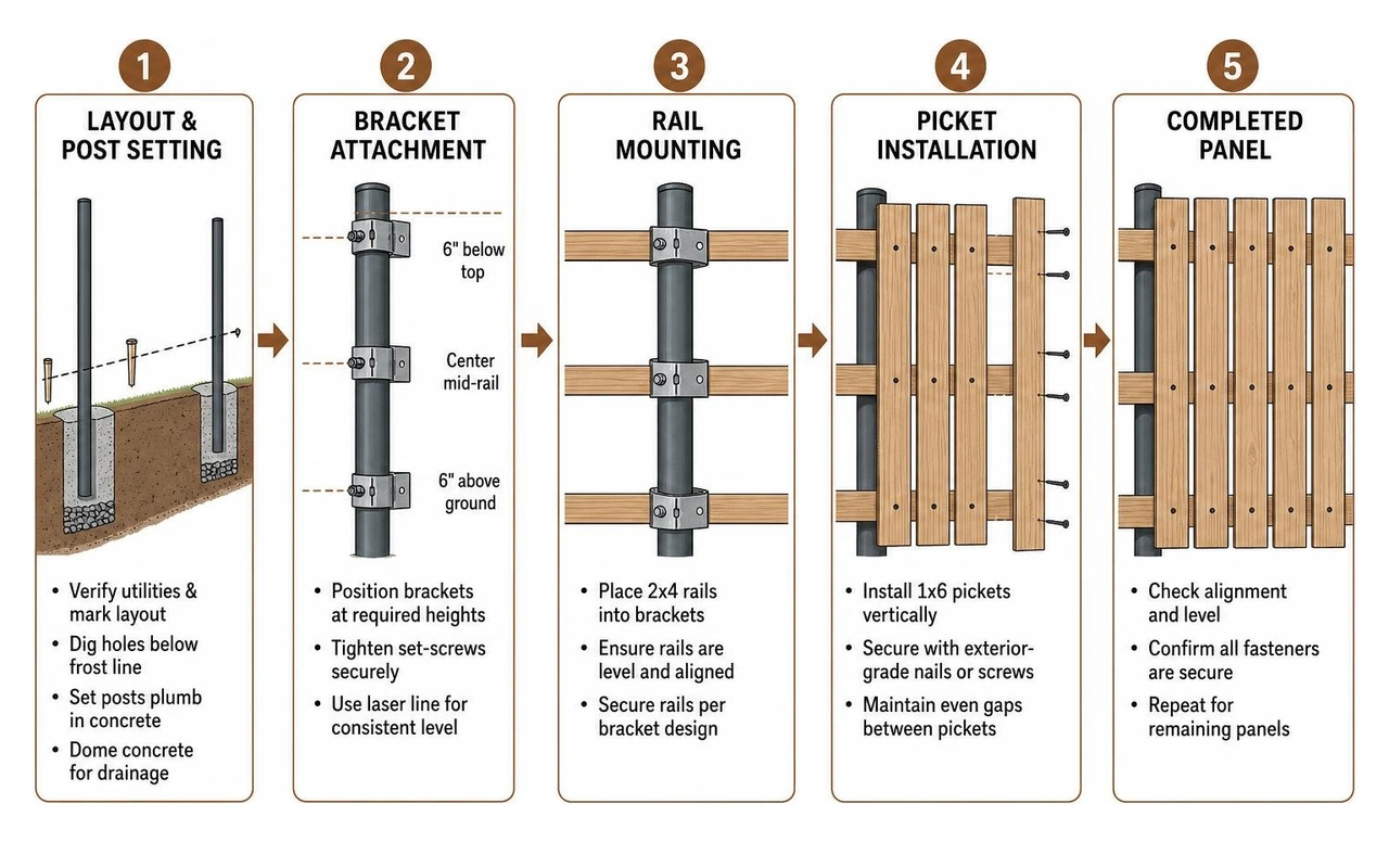Process diagram showing step-by-step layout, post setting, bracket attachment, rail mounting, and picket installation Process diagram showing step-by-step layout, post setting, bracket attachment, rail mounting, and picket installation