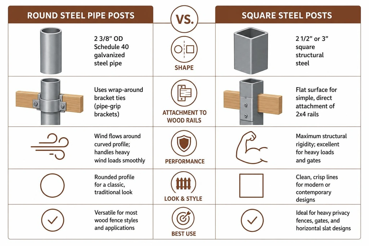 Comparison diagram of round pipe steel posts versus square structural steel posts for wooden fencing Comparison diagram of round pipe steel posts versus square structural steel posts for wooden fencing