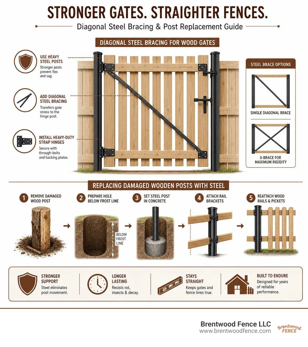 Infographic detailing diagonal steel gate bracing and post replacement steps infographic Infographic detailing diagonal steel gate bracing and post replacement steps infographic