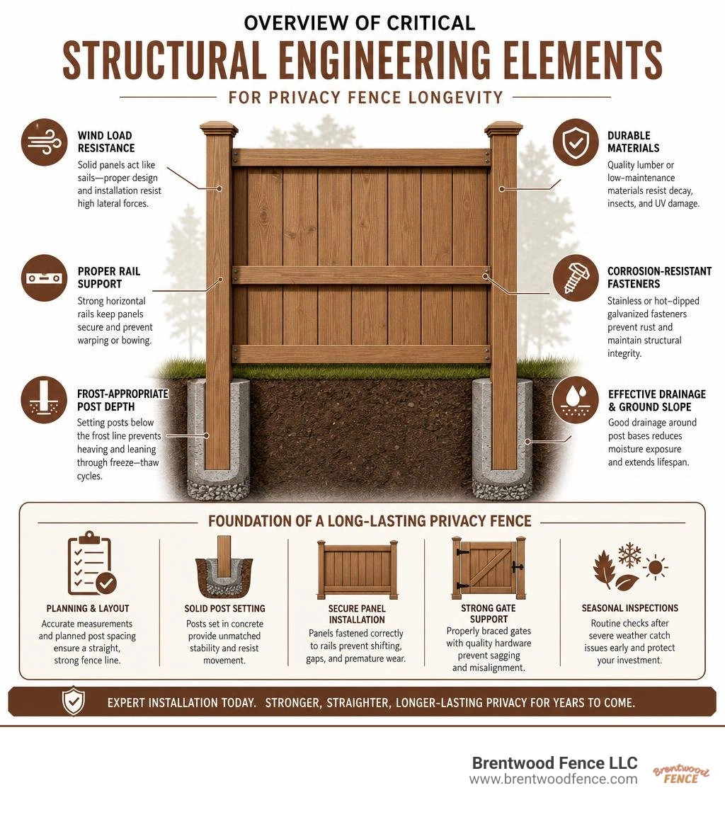 Overview of critical structural engineering elements for privacy fence longevity infographic
