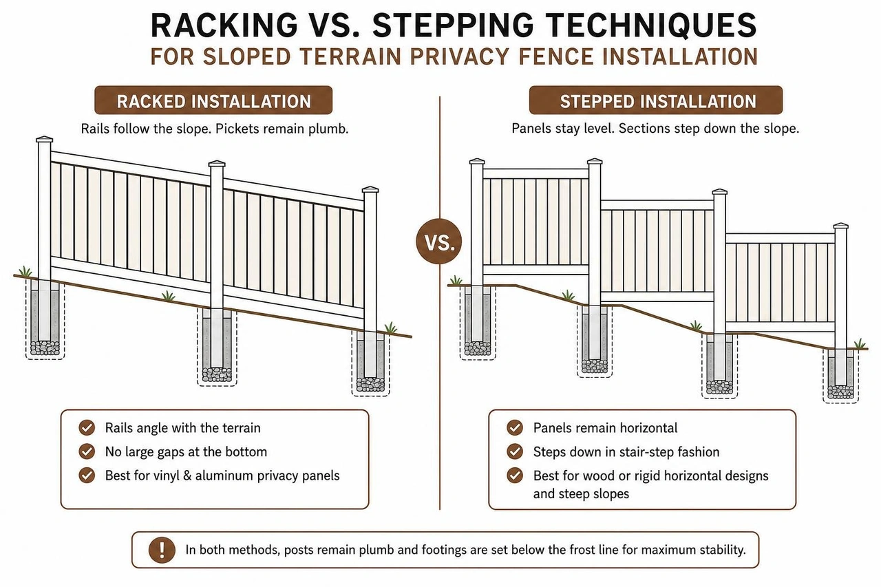 Racking versus stepping techniques for sloped terrain privacy fence installation