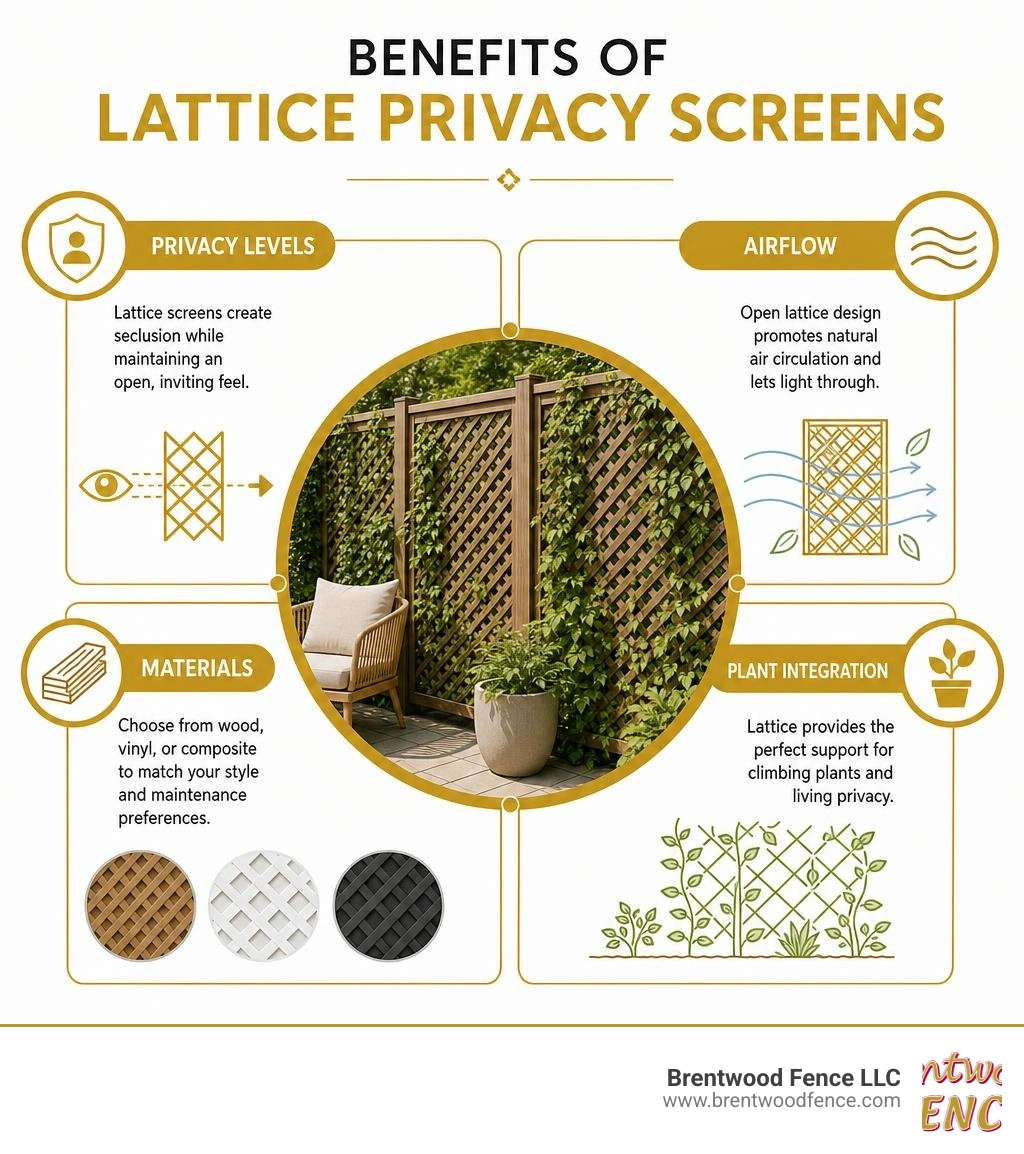 Benefits of lattice privacy screens: privacy levels, airflow, materials, and plant integration overview infographic