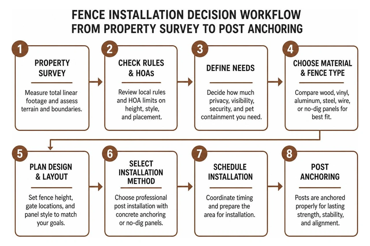Fence installation decision workflow from property survey to post anchoring Fence installation decision workflow from property survey to post anchoring