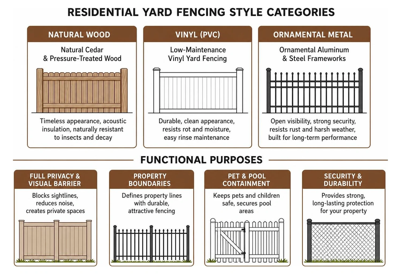 Residential yard fencing style categories and functional purposes Residential yard fencing style categories and functional purposes