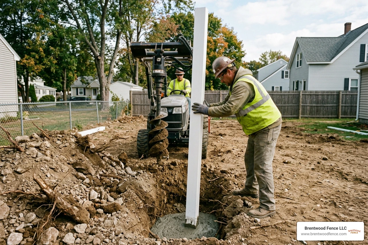 Vinyl fence posts secured in concrete footings below frost depth