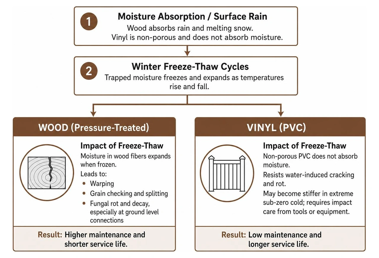 Diagram of freeze thaw cycle impact on wood versus vinyl materials Diagram of freeze thaw cycle impact on wood versus vinyl materials