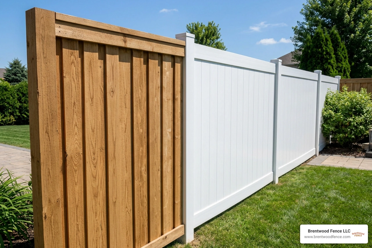 Side-by-side wood and vinyl 6-foot fence panels Side-by-side wood and vinyl 6-foot fence panels