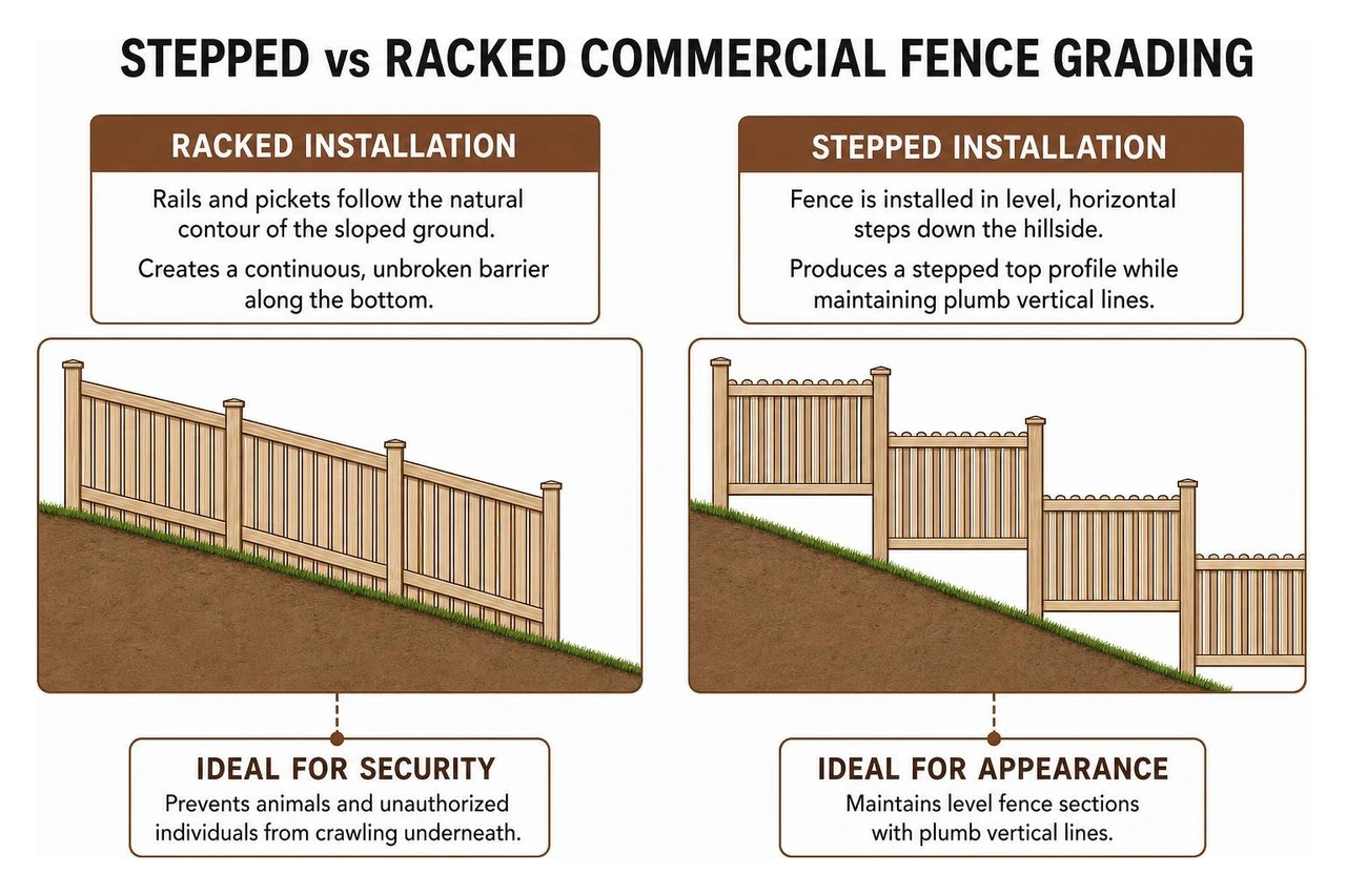 Stepped vs Racked Commercial Fence Grading