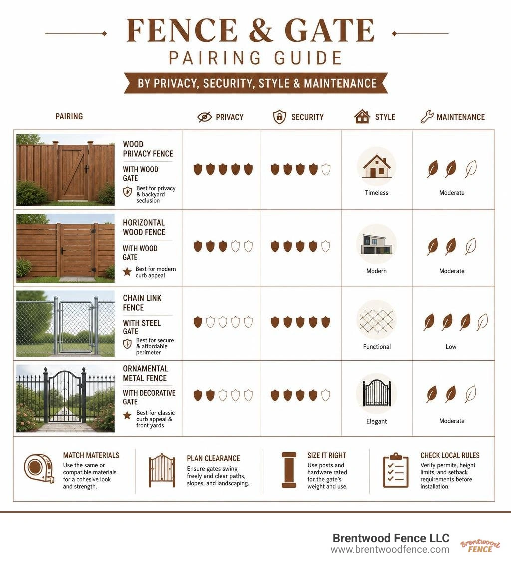 Fence and gate pairing guide by privacy, security, style, and maintenance infographic Fence and gate pairing guide by privacy, security, style, and maintenance infographic