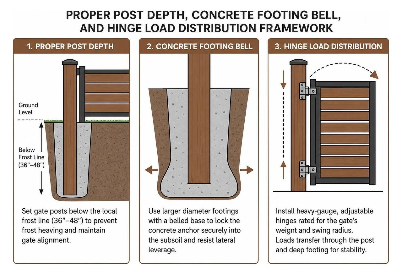 Proper post depth, concrete footing bell, and hinge load distribution framework Proper post depth, concrete footing bell, and hinge load distribution framework