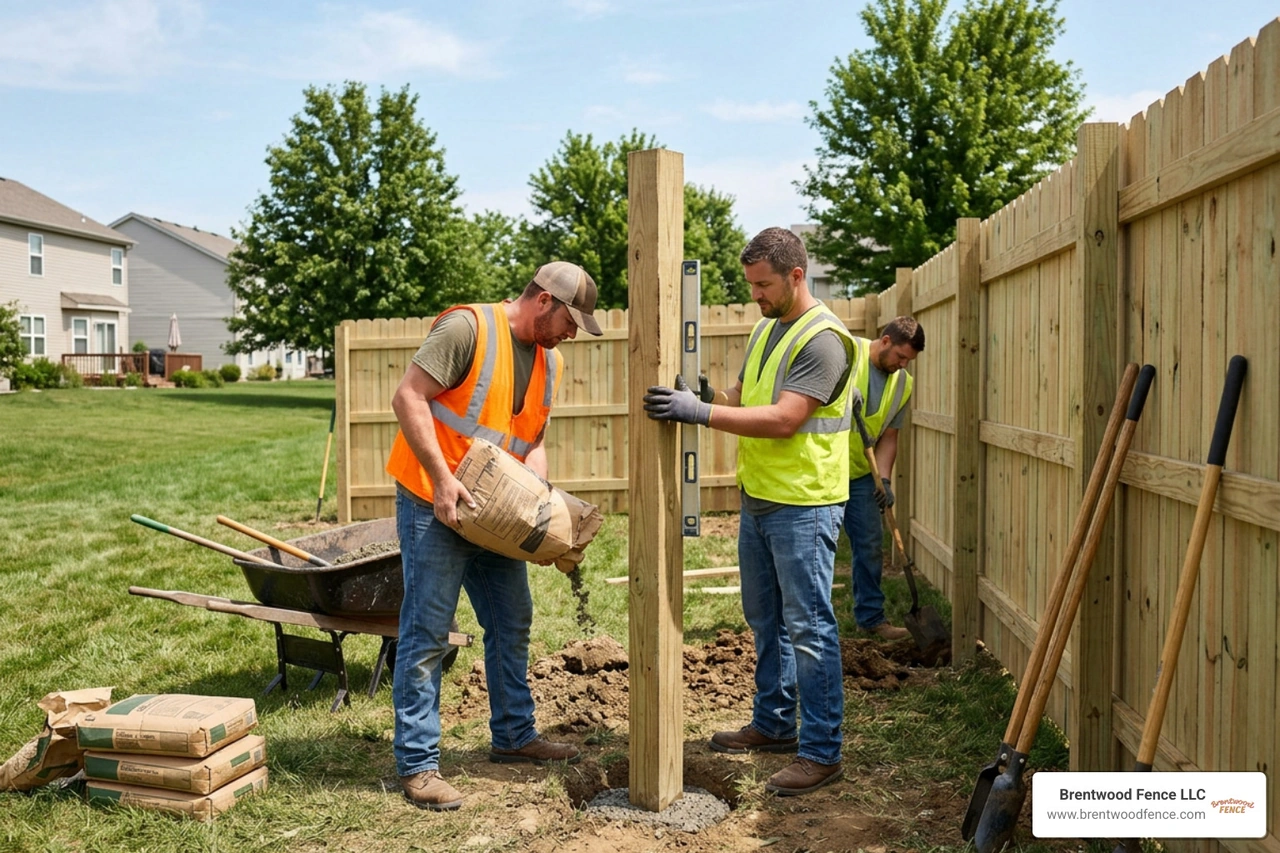professional fence crew installing heavy duty fence posts with concrete footings professional fence crew installing heavy duty fence posts with concrete footings