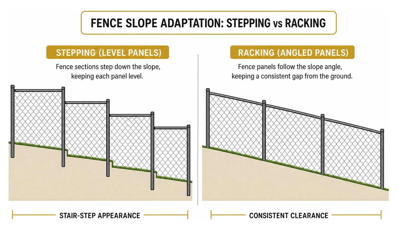 Diagram of fence slope adaptation: stepping vs racking panels
