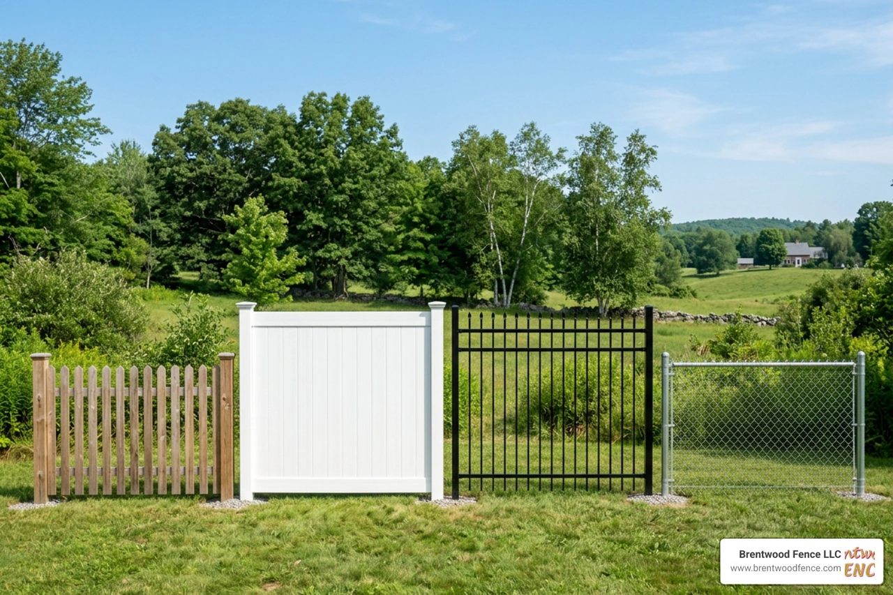 Various fencing materials including wood, vinyl, aluminum, and chain link