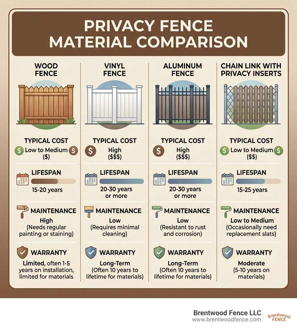 Privacy fence materials compared by typical cost, lifespan, maintenance, and warranty factors infographic Privacy fence materials compared by typical cost, lifespan, maintenance, and warranty factors infographic
