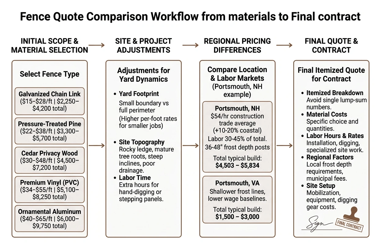 Diagram showing fence quote comparison workflow from materials to final contract
