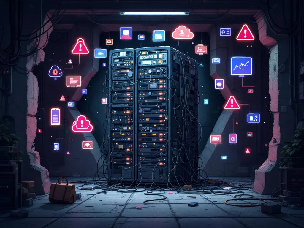 Illustration of an old run down server disconnected from cloud apps
