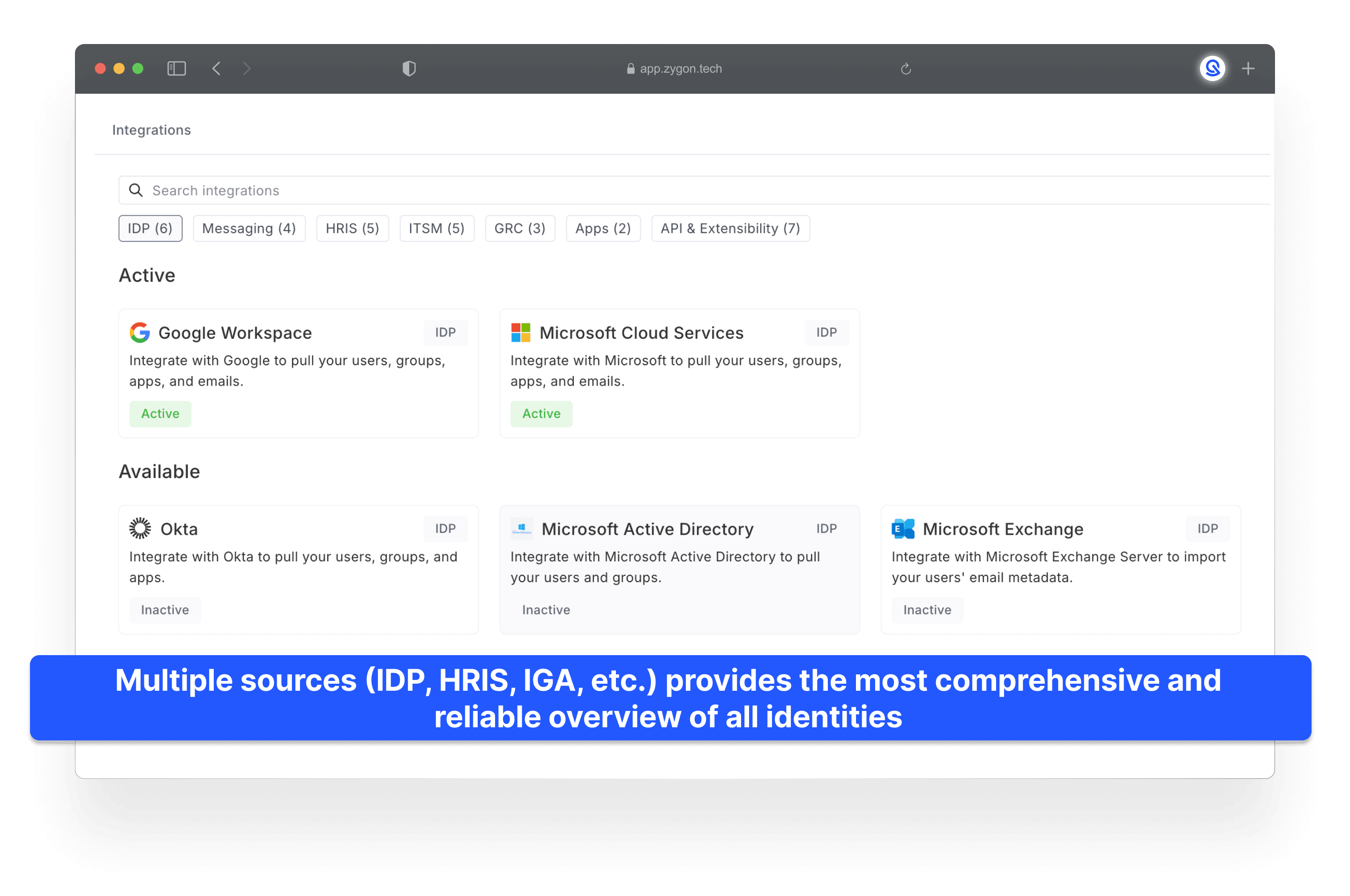 screenshot of Zygon light IGA showing the data sources for identity discovery