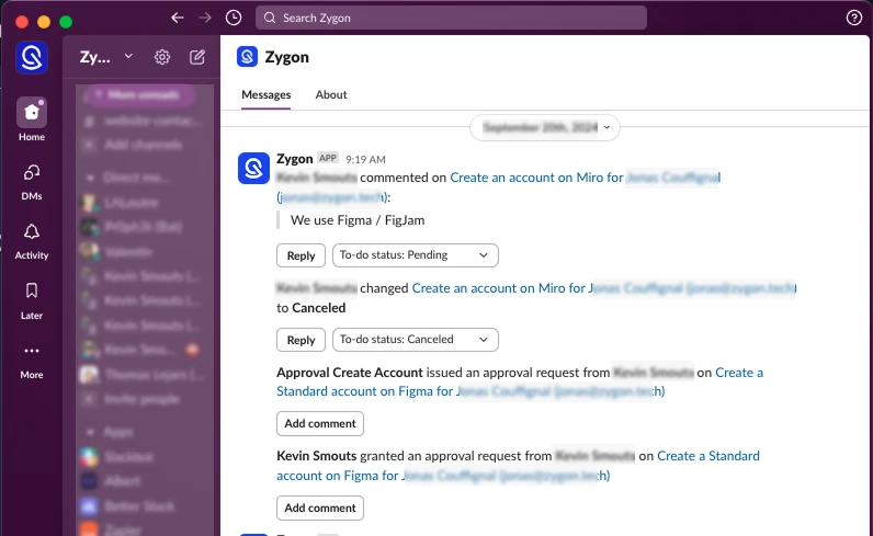 Screenshot of messages sent in Slack thanks to Zygon's native integration