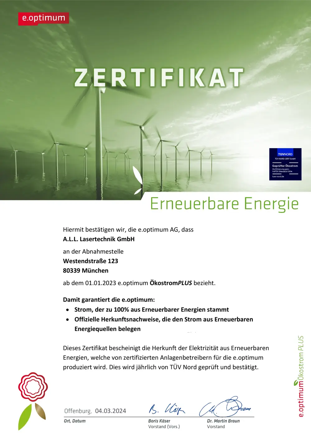Bild des Ökostromzertifikats.