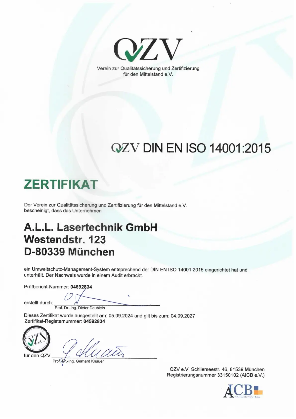 Bild des Zertifikats ISO 14001 2024 D