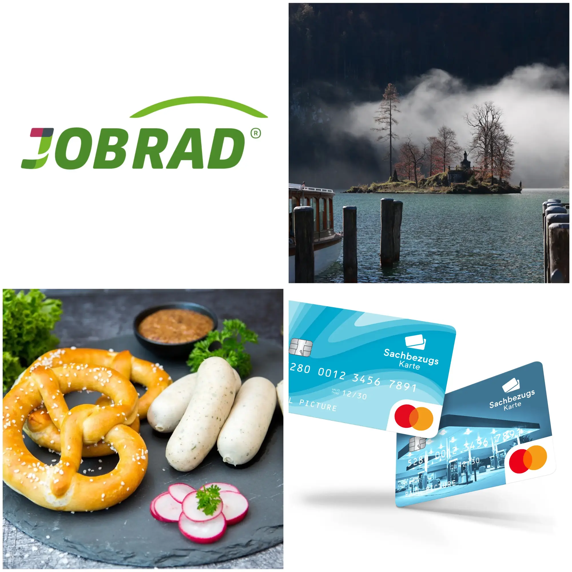 Collage aus Jobrad-Logo, Insel, Weißwurst-Frühstück und Kreditkarten.