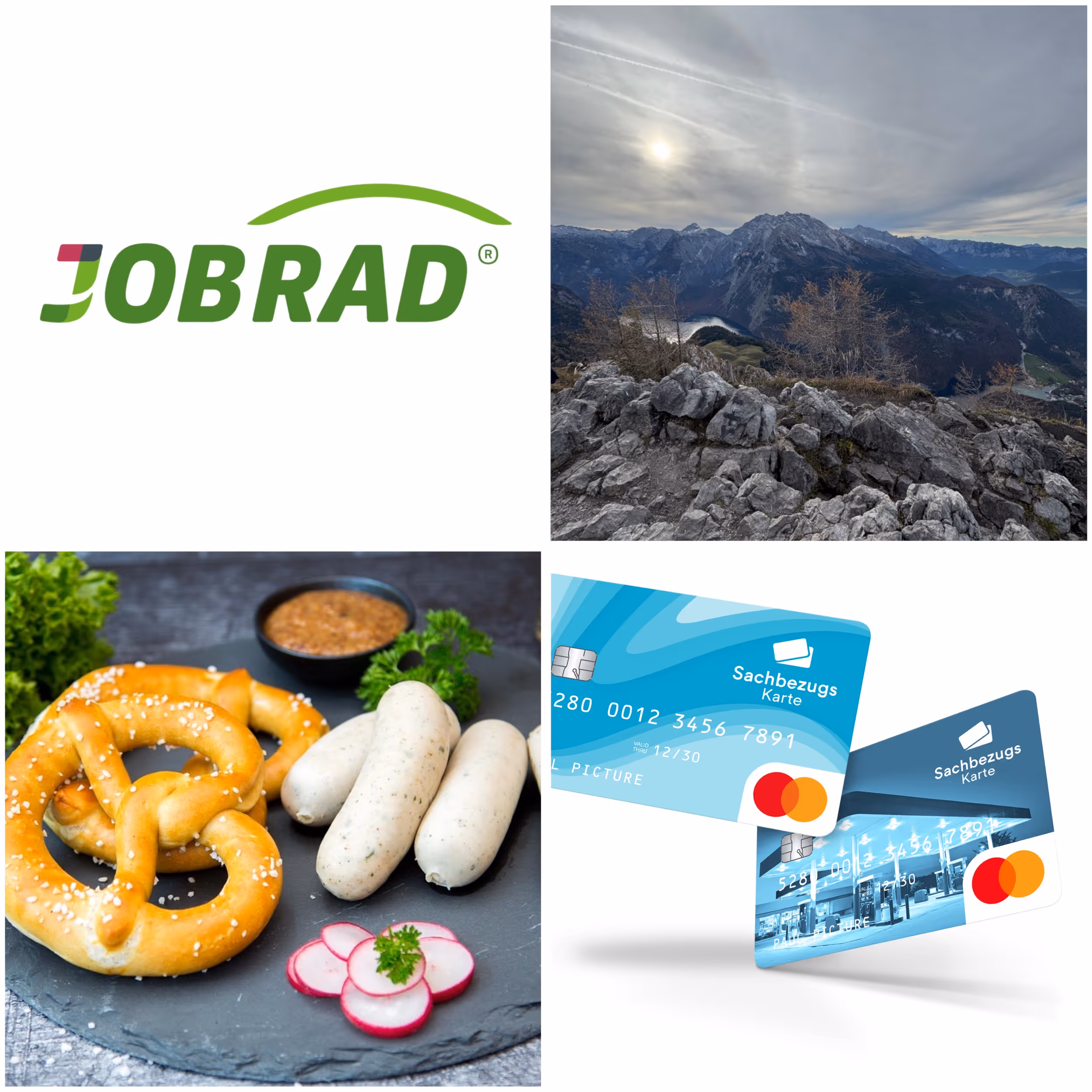 Collage aus Jobrad-Logo, Insel, Weißwurst-Frühstück und Kreditkarten.