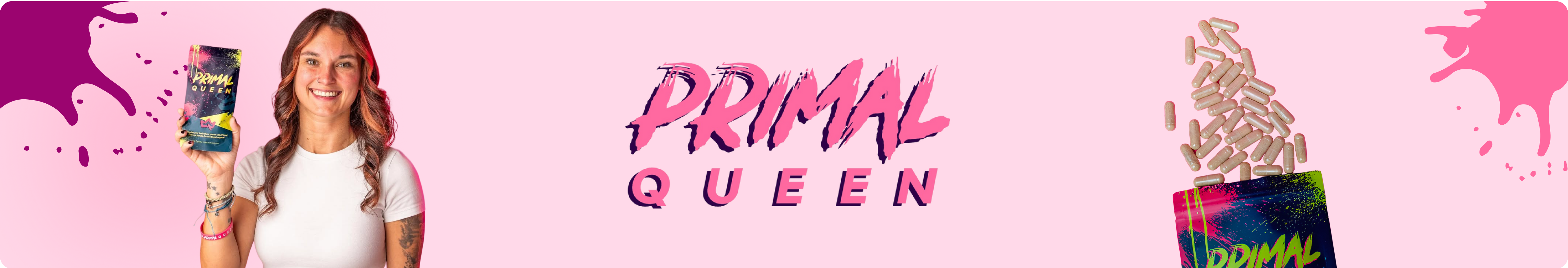 Primal Queen supplement banner showing female-focused branding, product capsules, and lifestyle packaging.