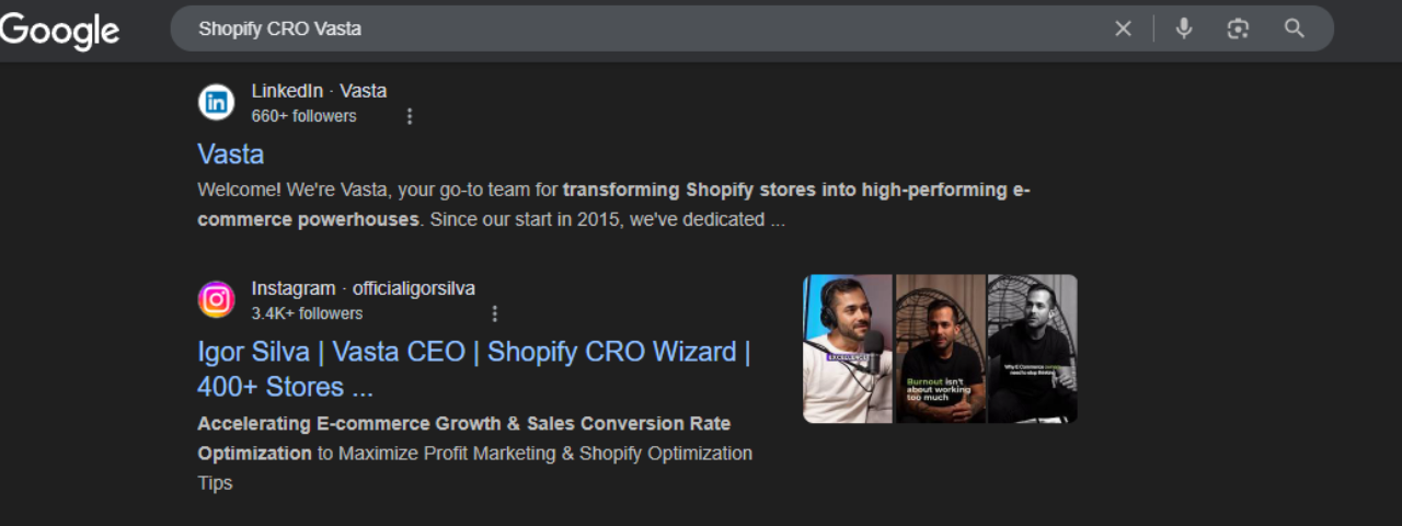Google search result showing an Instagram post by Vasta’s CEO titled “Shopify CRO Wizard | 400+ Stores,” with thumbnail images and caption preview indexed in the SERP.
