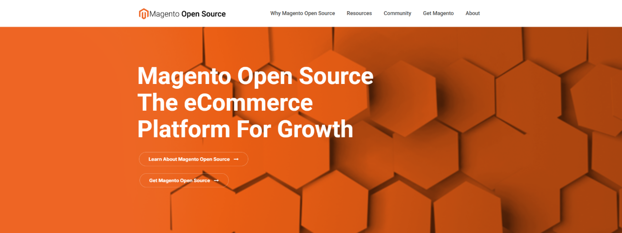 Magento Open Source homepage emphasizing scalable ecommerce architecture and enterprise integrations.