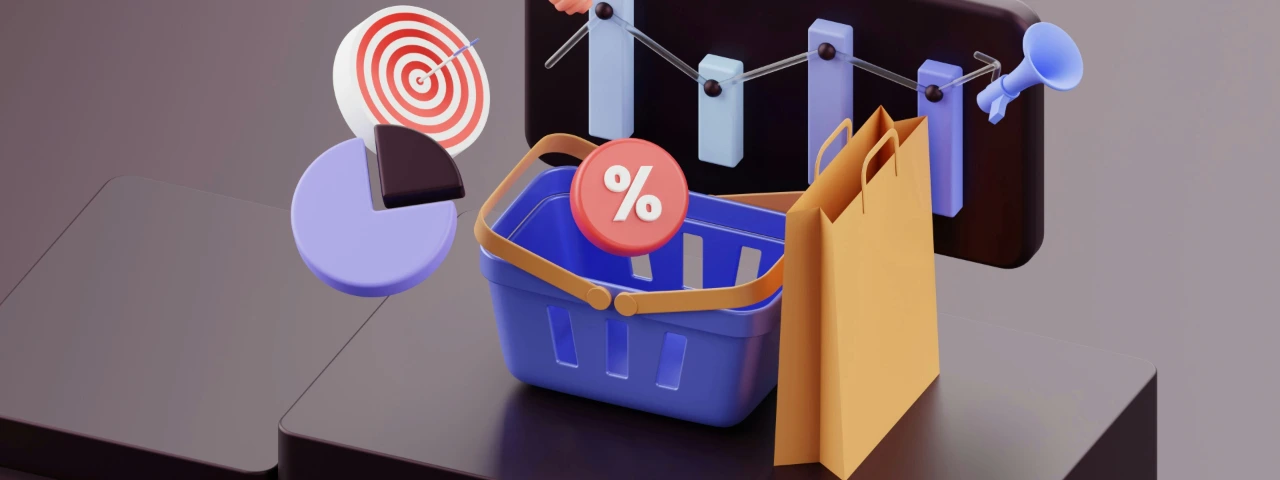 3D illustration of shopping basket, analytics icons, and percentage symbol representing CRO and UX testing.