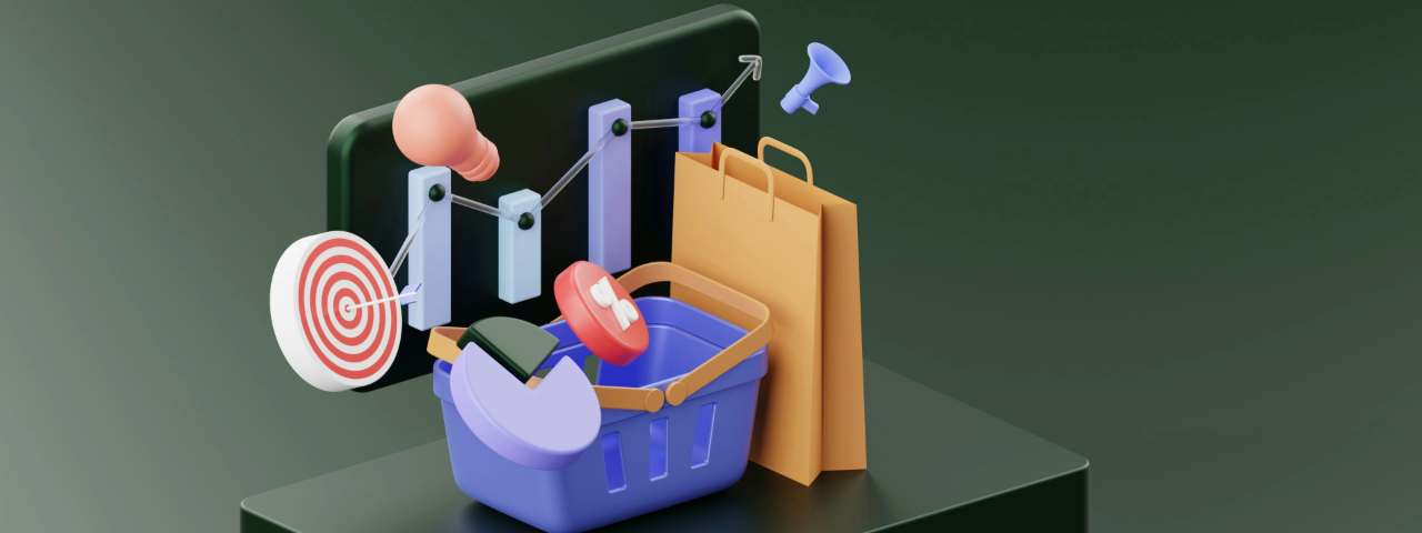 3D illustration showing online shopping cart, target, and analytics elements representing pricing and maintenance strategy.