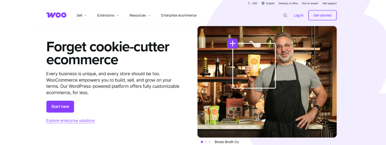 WooCommerce homepage highlighting flexible WordPress-powered ecommerce customization and content control.