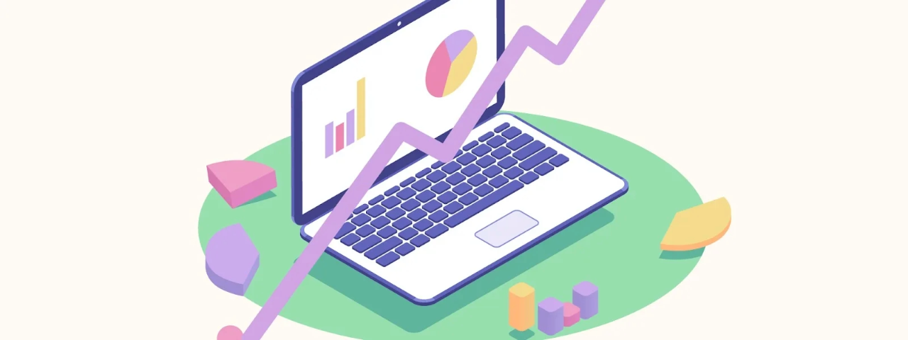 Illustration of a laptop showing charts and rising analytics, symbolizing business growth and performance insights.