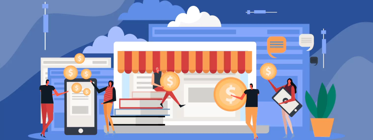 Illustration of people interacting with an online storefront, representing ecommerce growth and custom development needs.