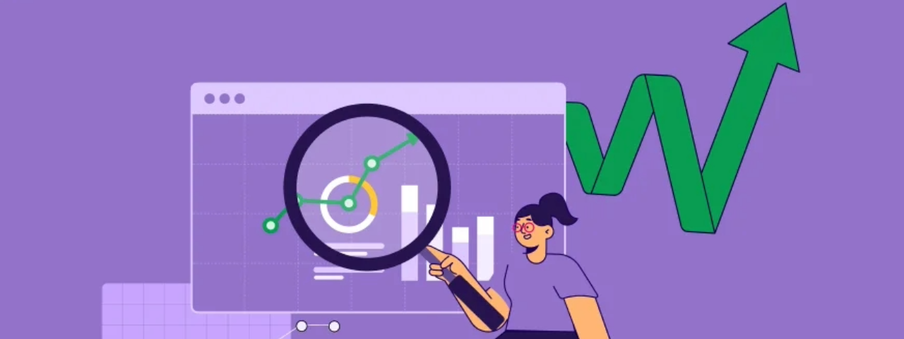 Illustration of a woman analyzing ecommerce performance data with a magnifying glass, symbolizing CRO insights and optimization.