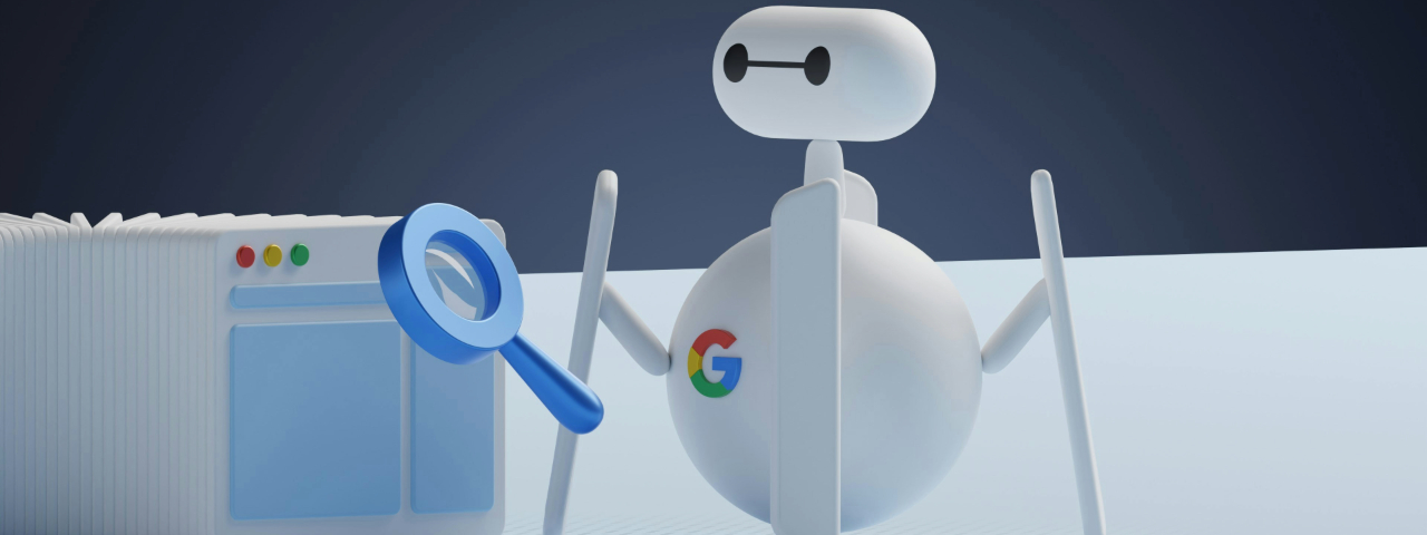 Google bot examining a webpage with a magnifying glass, representing indexing and keyword relevance.
