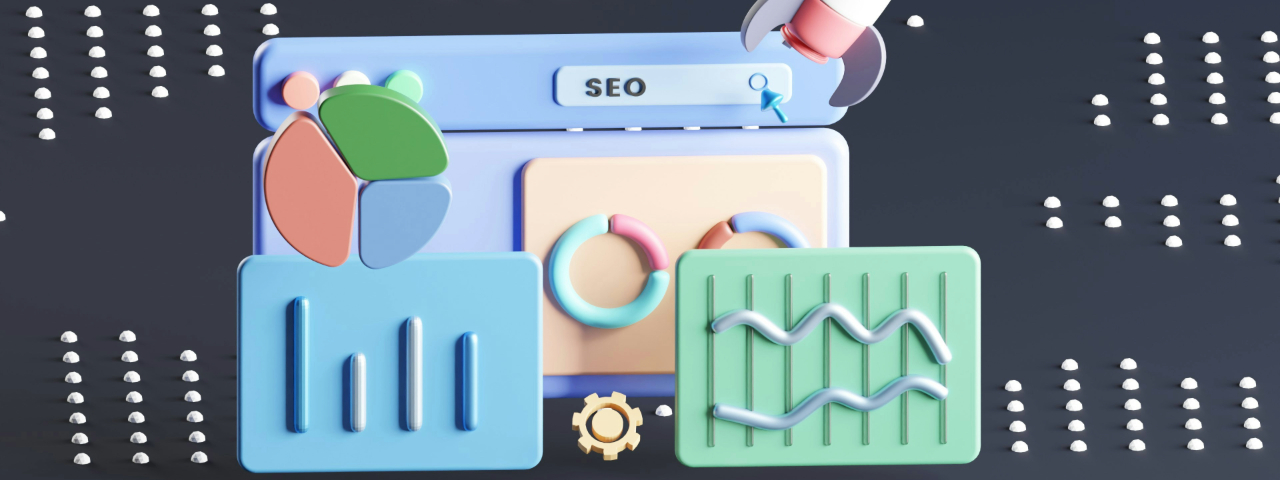 3D SEO dashboard with charts representing multi-platform visibility and evolving search strategies.