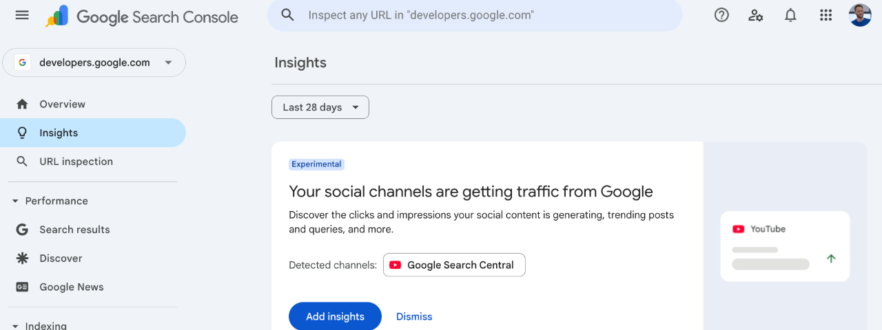 Google Search Console dashboard showing new social traffic insights from YouTube integration.