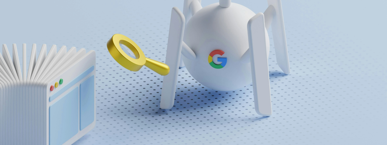 3D Google crawler and magnifying glass representing how AI and structured data determine brand visibility in 2026.