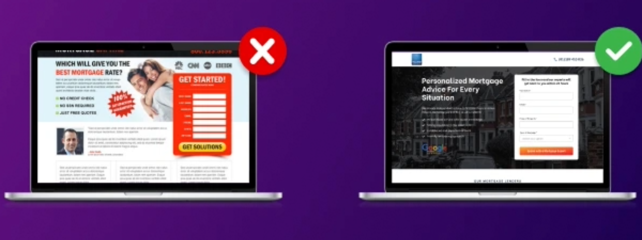 Comparison showing a cluttered landing page versus a focused landing page designed for higher conversion rates.