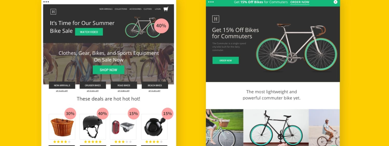 Example comparing an ecommerce homepage with a focused landing page built to drive a single conversion action.
