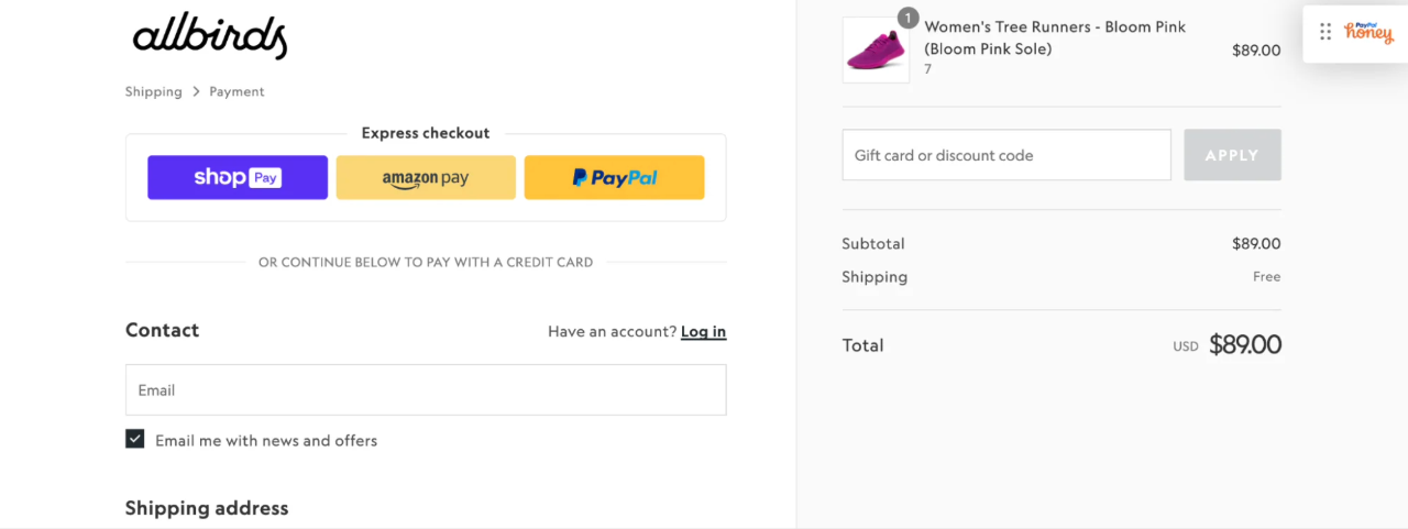 Shopify checkout showing Shop Pay, PayPal, and Amazon Pay to reduce payment hesitation and improve checkout conversion.