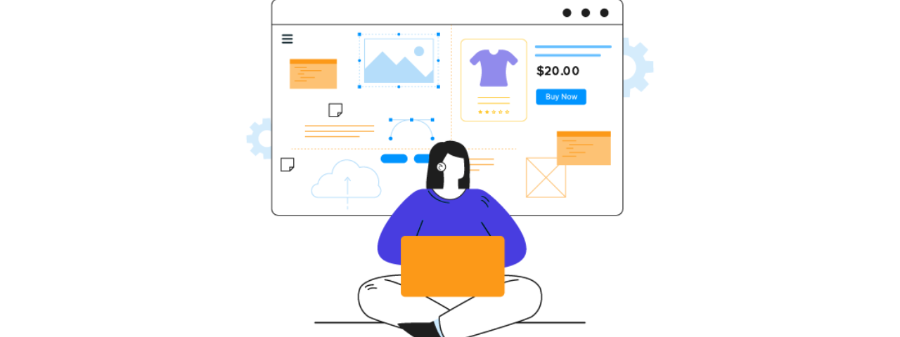 Illustration of a person designing an ecommerce website interface with product and layout elements.