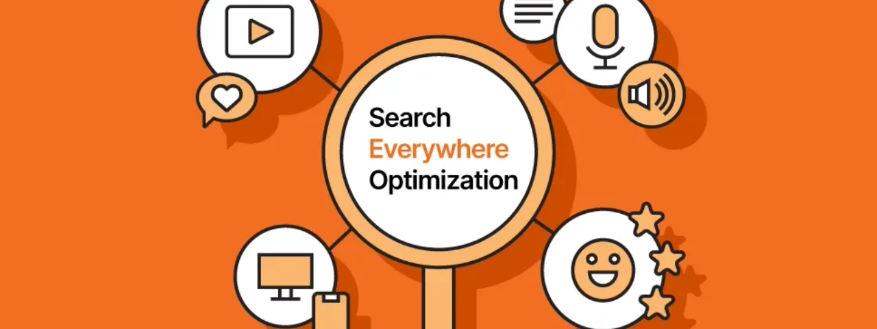 Graphic illustrating search optimization across multiple platforms like video, audio, and social media.