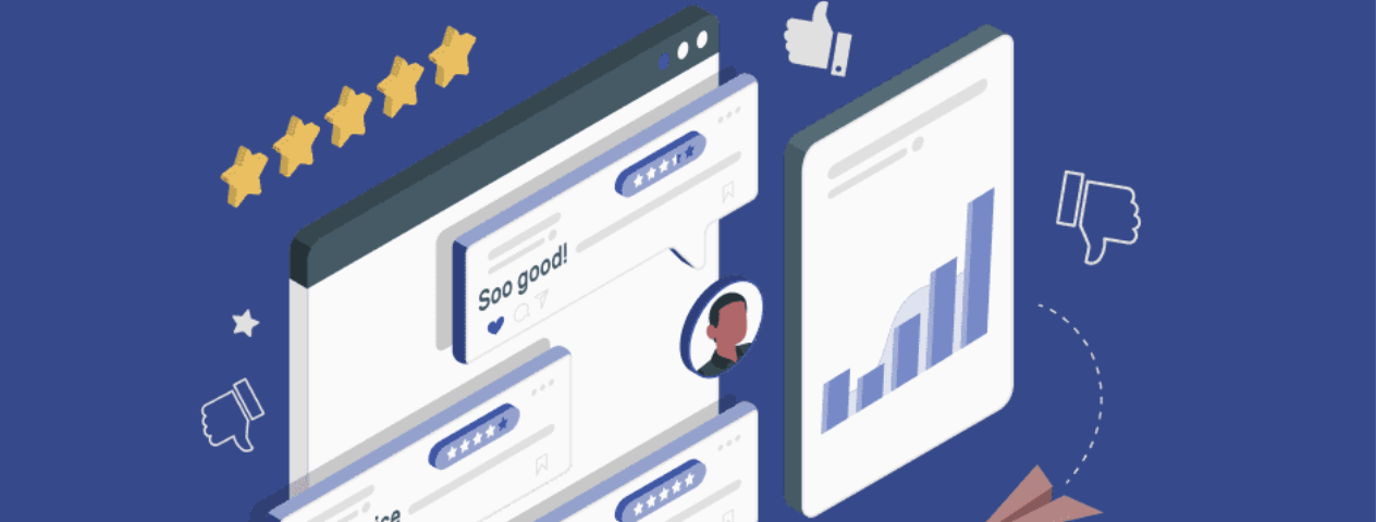 Illustration of user reviews, ratings, and analytics showing how good UX and responsive design increase engagement.