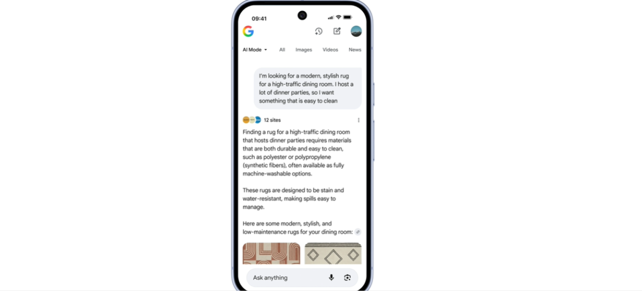 AI-assisted product result on Google Shopping showing automated comparison, pricing, and availability on mobile.