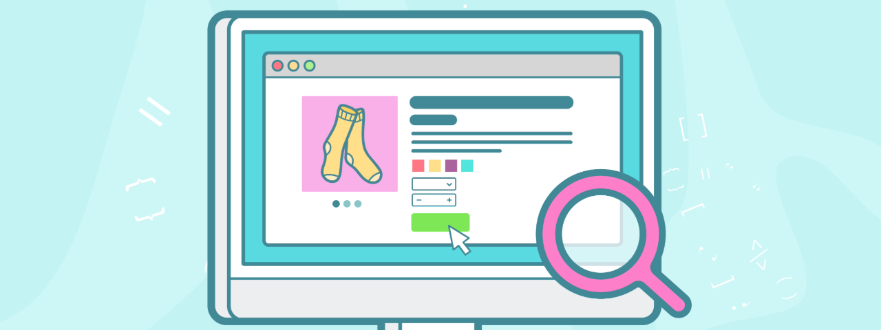 Illustration of a product page being analyzed by search engines through structure, content, and metadata.