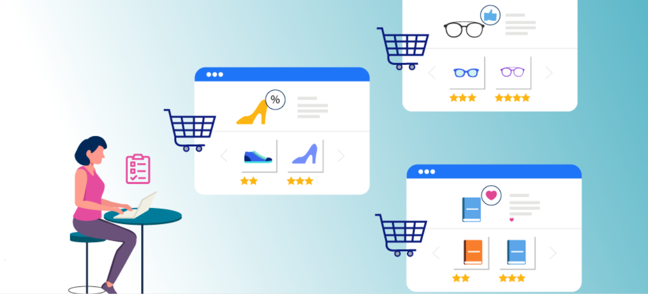 Illustration of a marketer comparing different ecommerce product layouts to understand how A/B testing influences conversions.